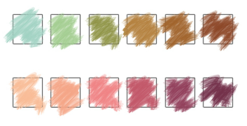 A series of boxes hold different colours that change from light on the light side of the image, to dark on the right side of the image. They are modelled after the colours from on old glucose and ketone test strips.